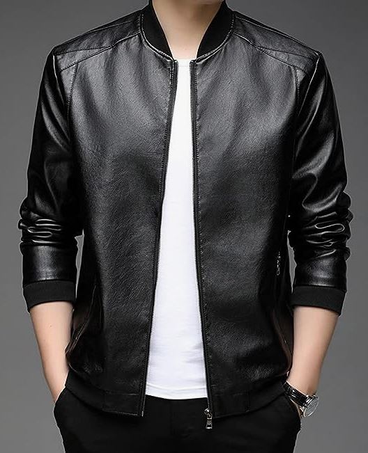 OK2BU Men's Stylish PU Faux Leather Bomber Jacket
