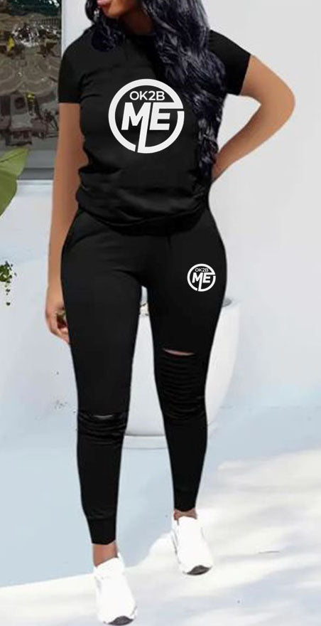 OK2BME 2 Piece Set, Crew Neck Short Sleeve Hoodie Top & Leggings