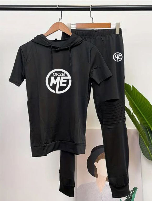 OK2BME 2 Piece Set, Crew Neck Short Sleeve Hoodie Top & Leggings
