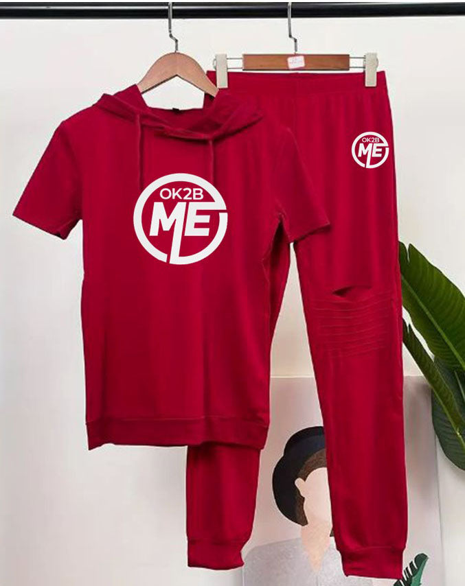 OK2BME 2 Piece Set, Crew Neck Short Sleeve Hoodie Top & Leggings