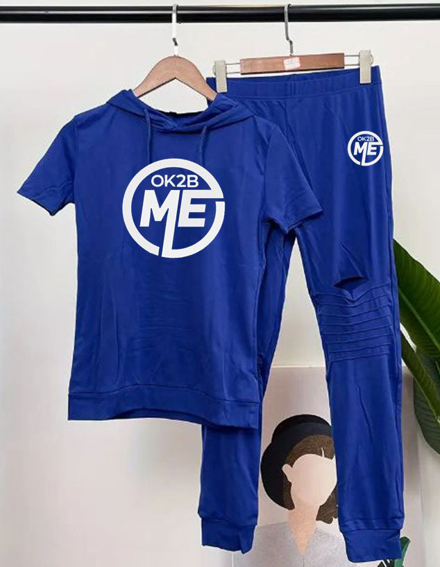 OK2BME 2 Piece Set, Crew Neck Short Sleeve Hoodie Top & Leggings