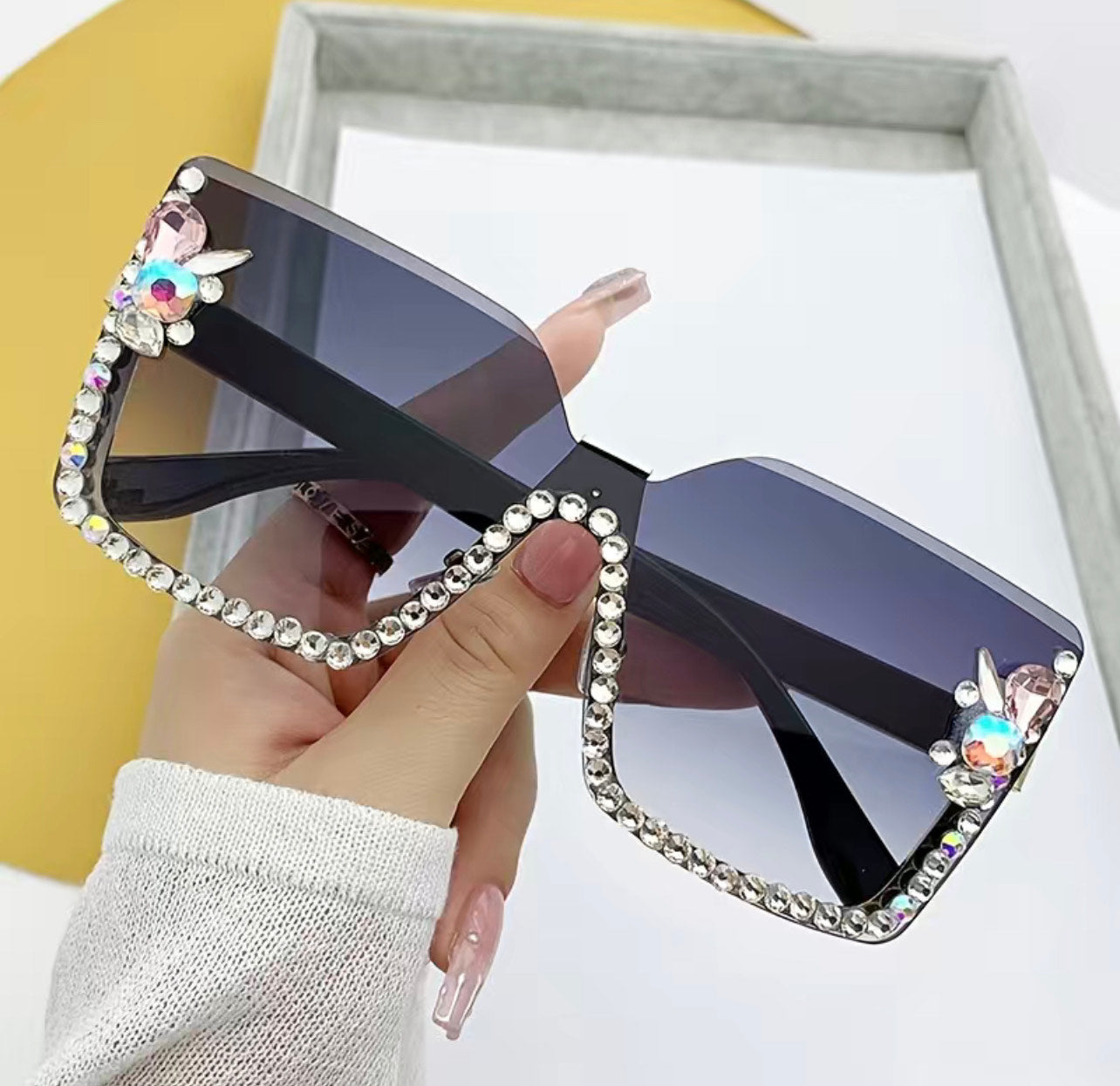 OK2BME Festival Bling Rhinestone Square Sunglasses Trendy Gradient Crystal Rave