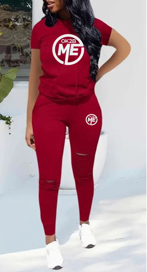 OK2BME 2 Piece Set, Crew Neck Short Sleeve Hoodie Top & Leggings